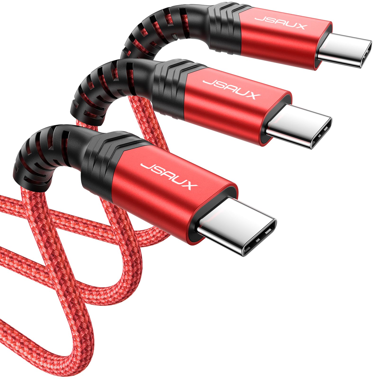 JSAUX 3-Pack USB C to USB C Cable 100W [10ft/6.6ft/3.3ft] Compatible with iPhone 16e 16 15 Pro Max Plus, Samsung Galaxy S25 S24, CarPlay, iPad Pro, Type C to Type C Charger Cable Fast Charging -Red