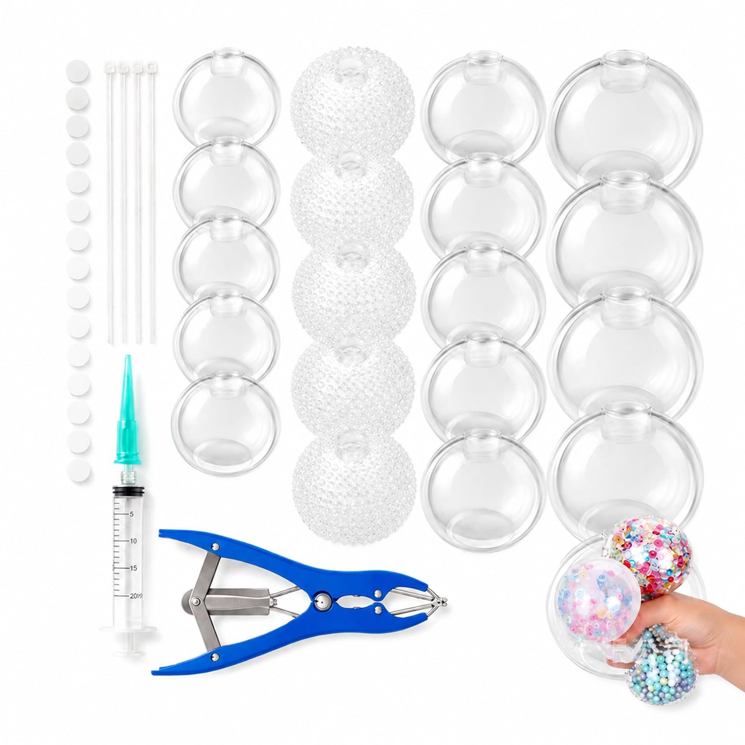 DIY Stress Ball Making Kit, 20 Pcs TPR Ball Skins with 3 Sizes Small Medium Large and Texture Shells, Syringe and Expanding Pliers, Squishy Sensory Toy for Stress Relief, Teens and Adults (Set 15)