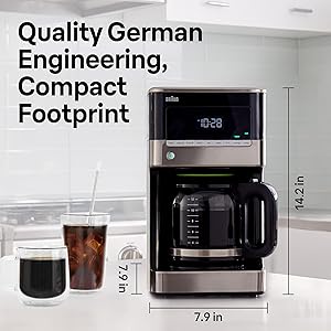 Braun BrewSense 12 Cup Drip Coffee Maker - Pause & Pour Mid Brew, Coffee Machine with 24-Hour Timer & Clock, Bold & Regular Strength, 1-4 Cup Functions, Self Clean, Auto Shutoff, Stainless Steel