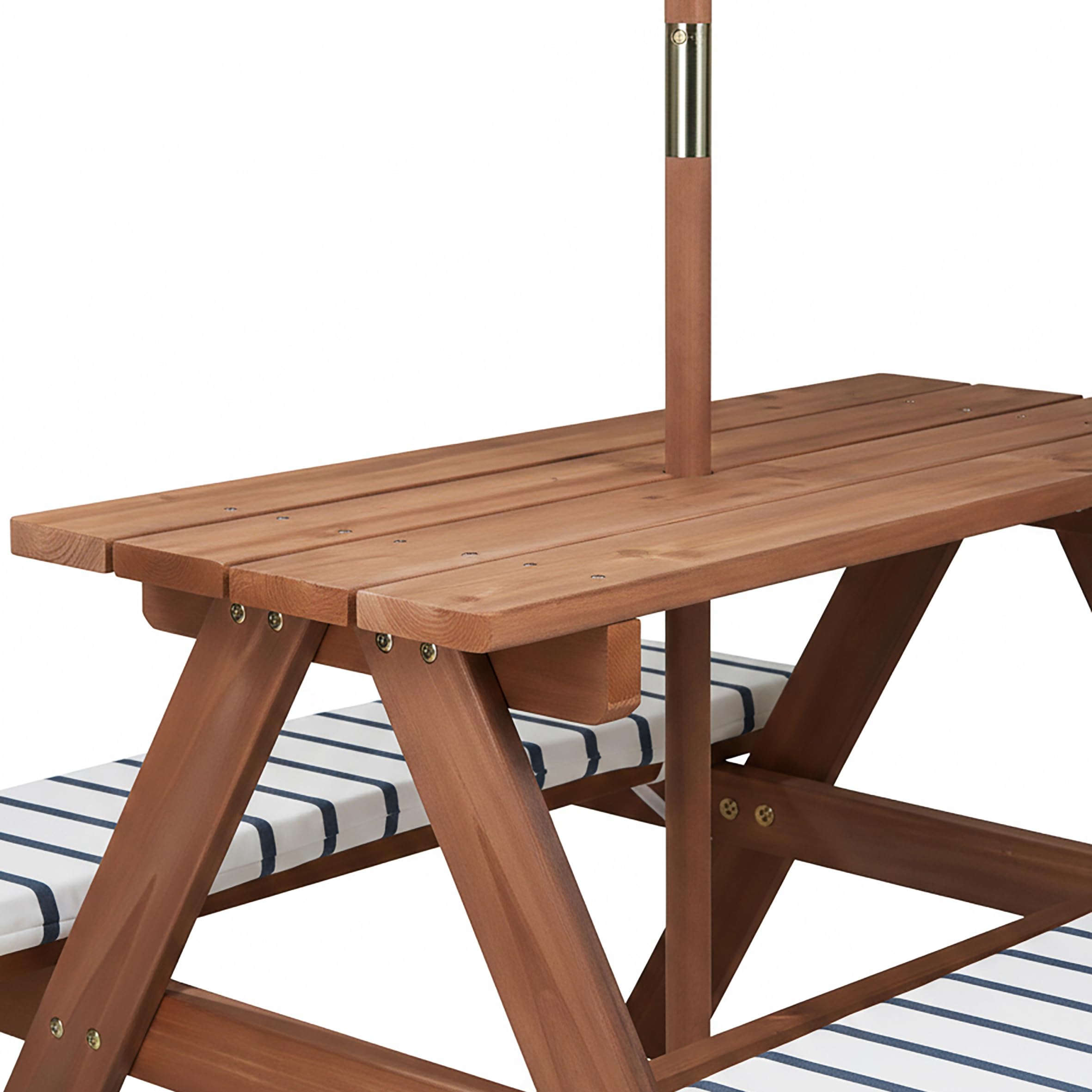 Spetebo Mesa de picnic de madera a partir de 2 años con sombrilla y acolchado, 75 x 75 cm, juego de sillas de jardín para niños, soporta hasta 80 kg, de madera, muebles de jardín para niños