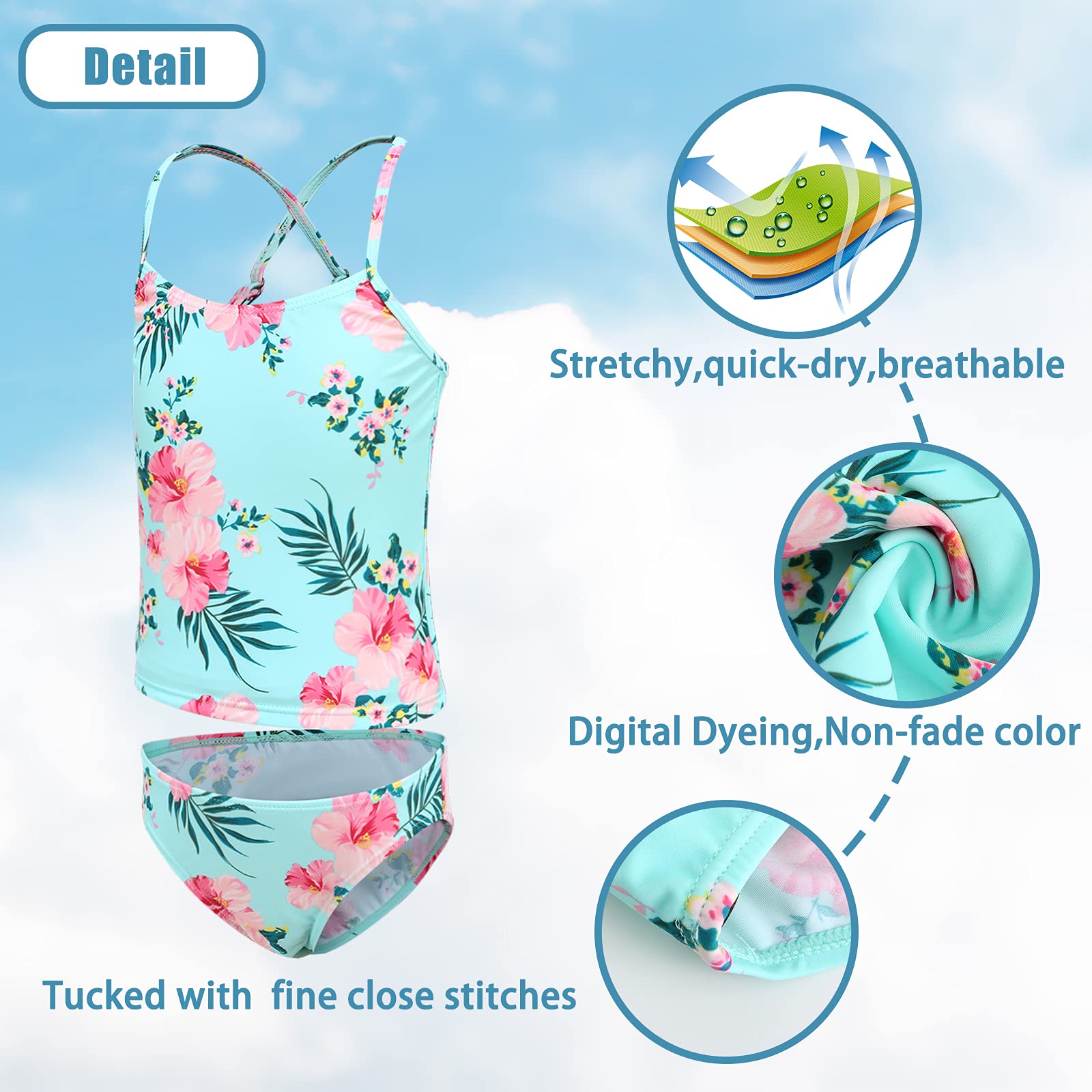 Aisyee tankini niña traje de baño niños floral traje de baño 92 164/3-16 años, Flor verde., 11-12 años | Protección solar UPF 50+, secado rápido, suave y cómodo, correas ajustables, ideal para playa, piscina y vacaciones