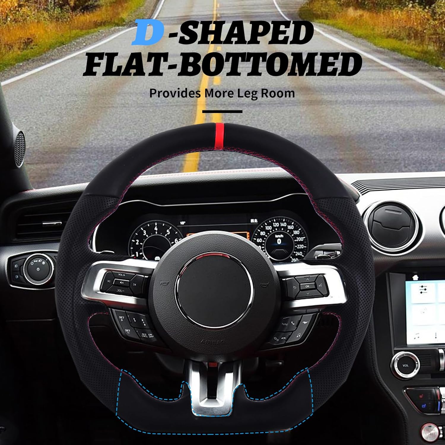 Full Leather Steering Wheel for Mustang EcoBoost/GT/Shelby GT350/GT350R 2018-2021, Full Nappa Perforated Leather D-shaped Flat-bottom Hand-Stitched