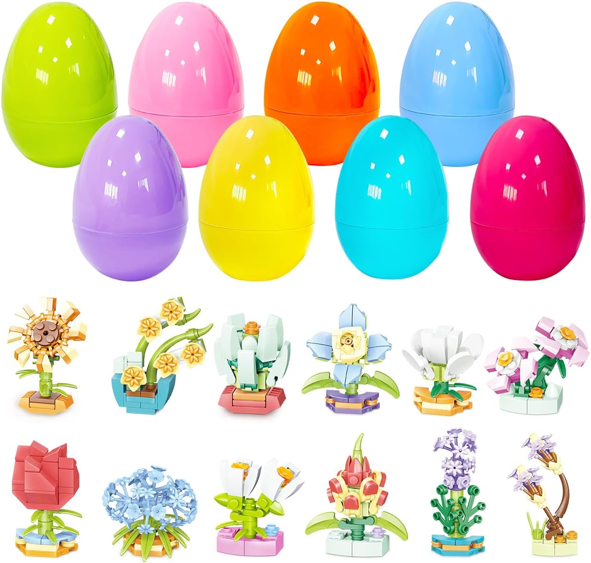 PARSUP 12 Pack Easter Plastic Eggs with Flower Building Blocks for Easter Theme Party Favors, Supplies for Easter Egg Hunt, Basket Stuffers/Fillers, Classroom Prize Supplies Toddler Boys Girls