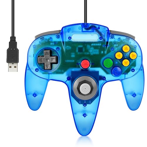 Wired USB N64 Controller, FISUPER Classic Video Game Controller USB Gamepad for Windows PC MAC Raspberry PI Retropie (Transparent Blue)