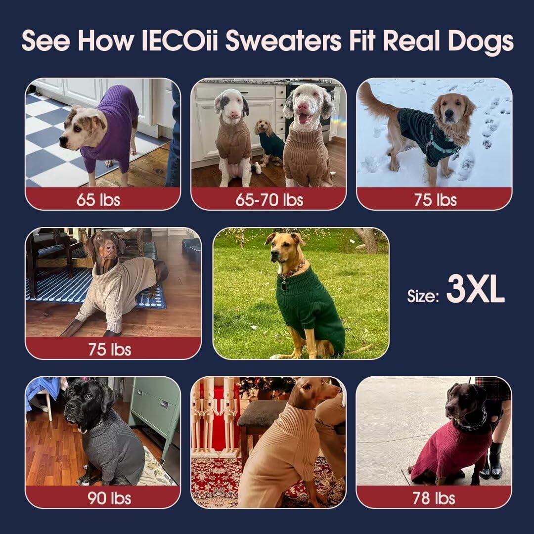 IECOii Pull de Noël XXXL pour chien, pull pour chiens de très grande taille, fille et garçon, vêtements tricotés à col roulé pour l'automne et l'hiver, pull pour animal de compagnie, pull pour grand