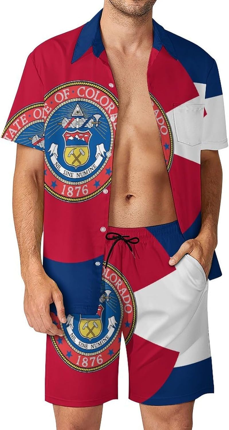 Colorado Flag Seal U.S.A. Men's Summer Beach 2 Piece Outfits | hawaiian button down shirt and shorts,vacation cruise,mens bathing suit