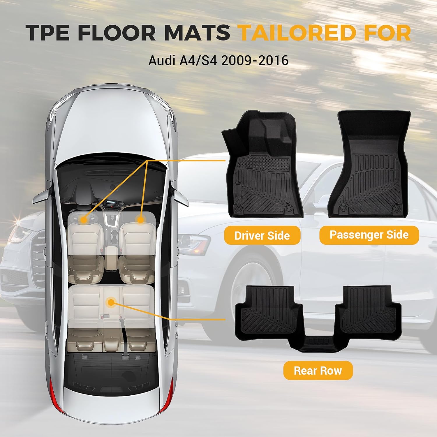 All-Weather TPE Rubber Floor Mats Compatible with 2009 2010 2011 2012 2013 2014 2015 2016 Audi S4 A4, Custom Fit Full Car Carpet Liners Set (Black)