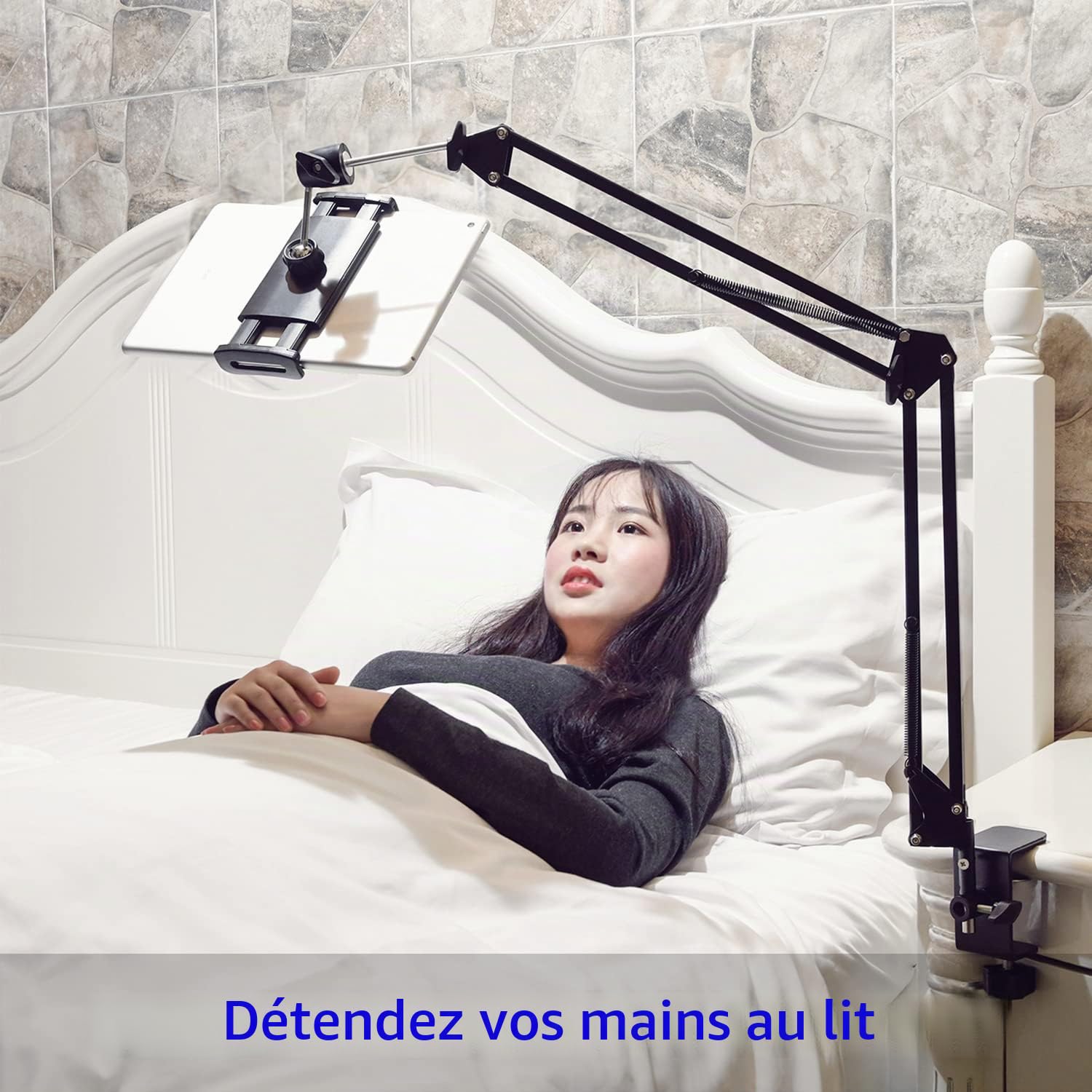 Support à tablette pour lit, rotatif à 360° avec bras en aluminium solide pour iPad, tablettes, téléphones ou autres appareils avec écran de 4,5 à 12,9"
