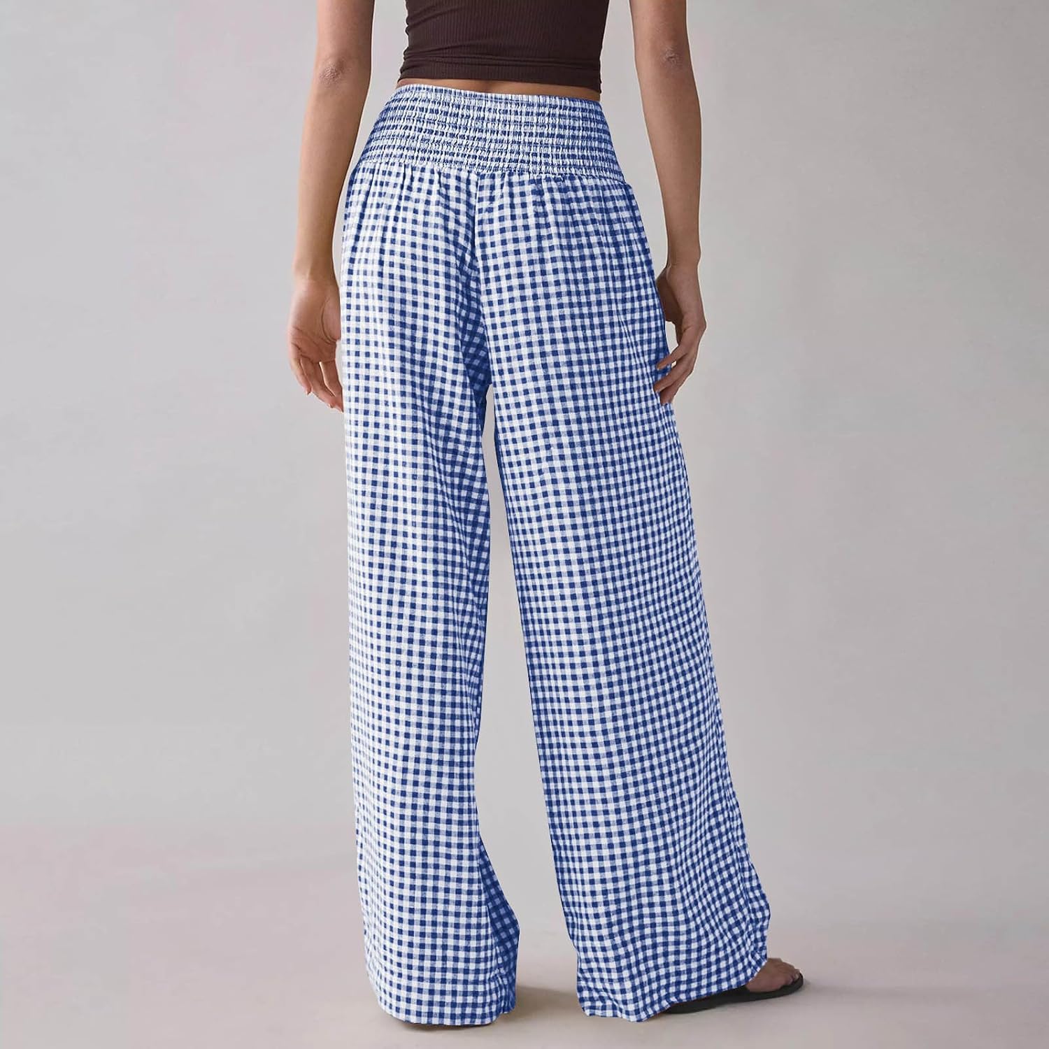 Womens Striped Gingham Palazzo Pants Wide Leg High Waisted Lounge Pajama Pants Baggy Casual Trousers with Pockets
