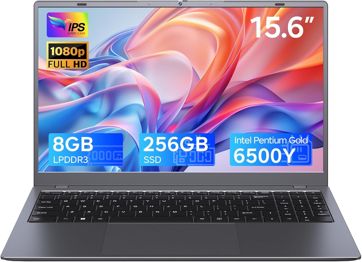 15.6 Inch Laptop with Pentium Gold 6500Y(Up to 3.4GHz), 8GB RAM 256GB SSD,1080P Full HD, USB-C,WiFi 5,BT5.0,Gray Computer Laptops for School, Business