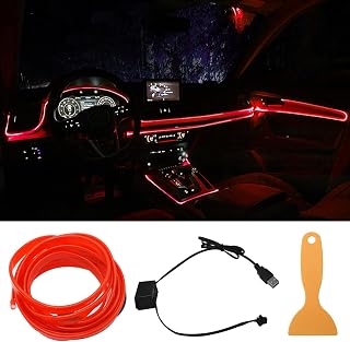 EL Wire LED Car Strip Lights, 16.4ft/5m Auto Flexible Neon LED Panel Gap String Strip Light USB Glowing Strobing Electroluminescent Wire Lights for Car Garden DIY Decorations (Red)