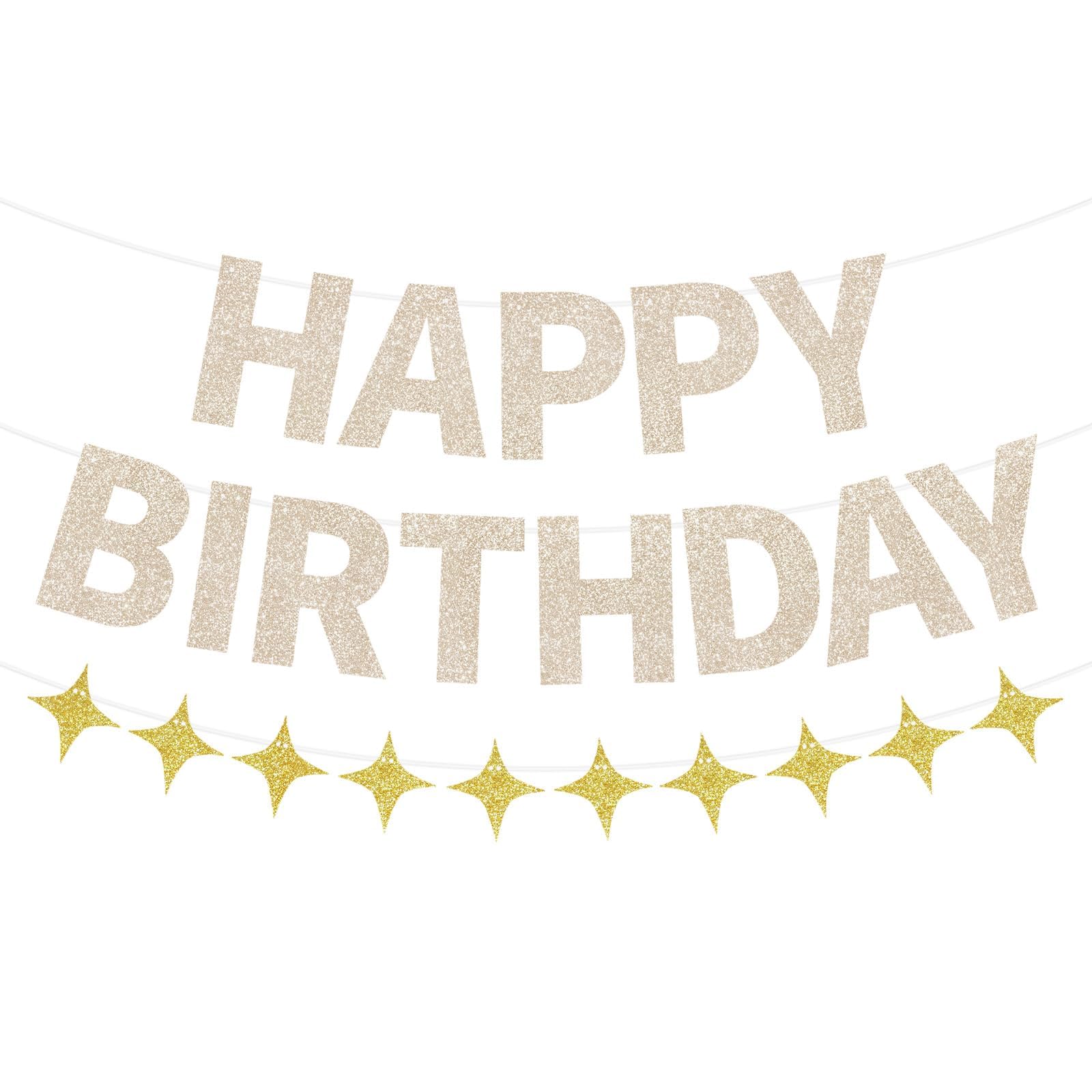 BLMHTWO Pre-Strung Happy Birthday Banner, Champagne Gold Glitter Happy Birthday Decorations Banner Four-Pointed Stars Sign Party Supplies for Women Men Girls Boys
