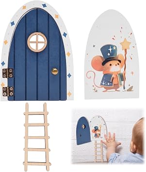 Wooden Magical Fairy Doors, Safe Fairy Door with Ladder and Cute Card Natural Wood Elf Door Kit for Childrens Room Wall Bookshelf Tree or Garden Decor Blue