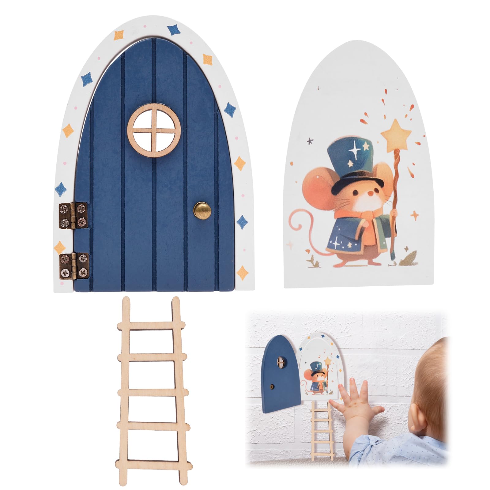 Miniature Fairy Door with Ladder Wooden Magical Tooth Fairy Door Handmade Children's Room Decorations Elf Mouses Miniature Tiny Doors for Kids’ Imaginative Play, Handmade Fantasy Storytelling Use