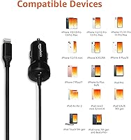 Vista 2 de Yaxa Basics Cargador de coche de carga rápida de 12 W (5 V, 2.4 A) con cable Lightning en espiral para iPhone, iPad y dispositivos Apple, 1.5