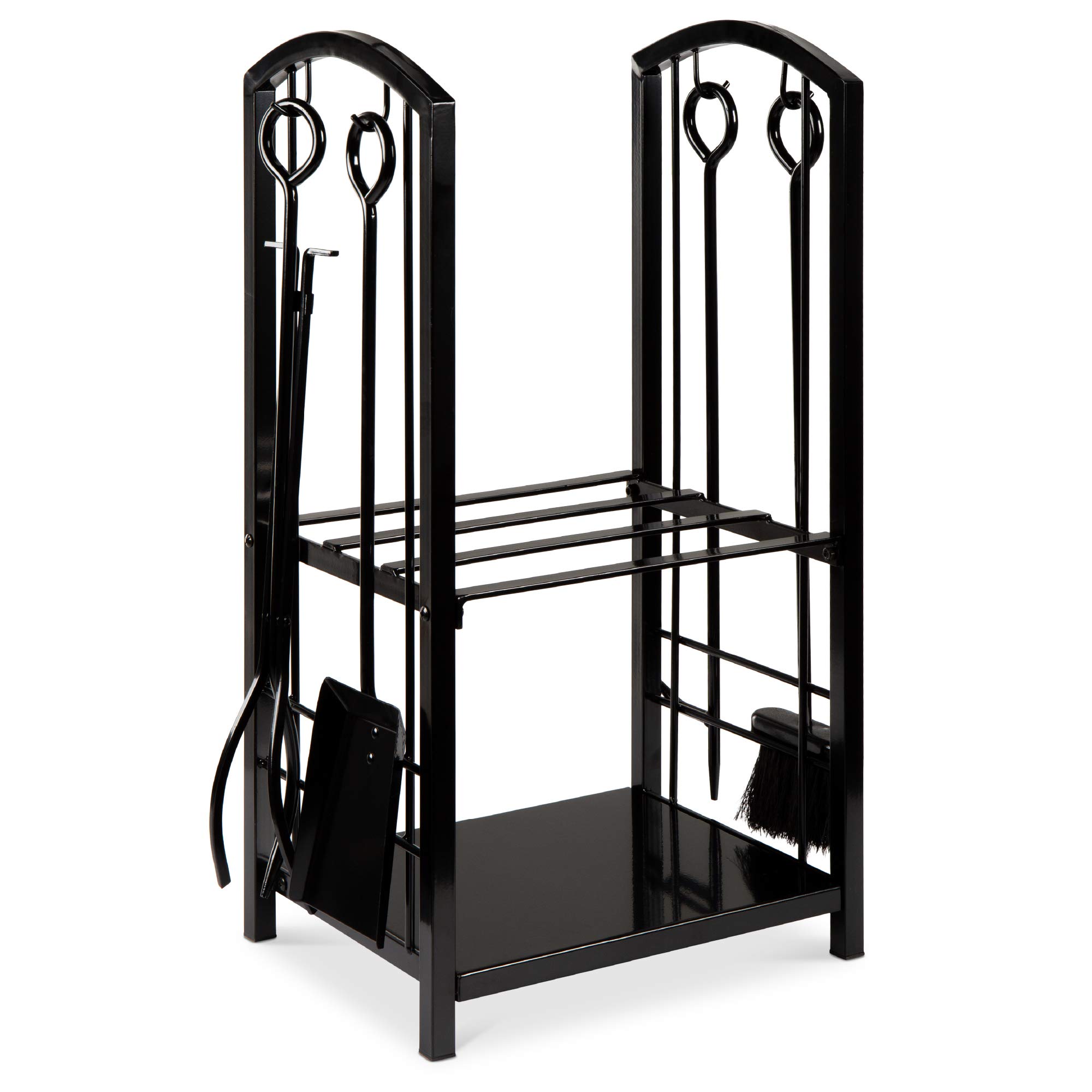 Best Choice Products 5-Piece Indoor Outdoor Wrought Iron Firewood Log Storage Rack Holder Firepit Tools Set for Fireplace, Fire Pit, Stove w/Hook, Broom, Shovel, Tongs - Black