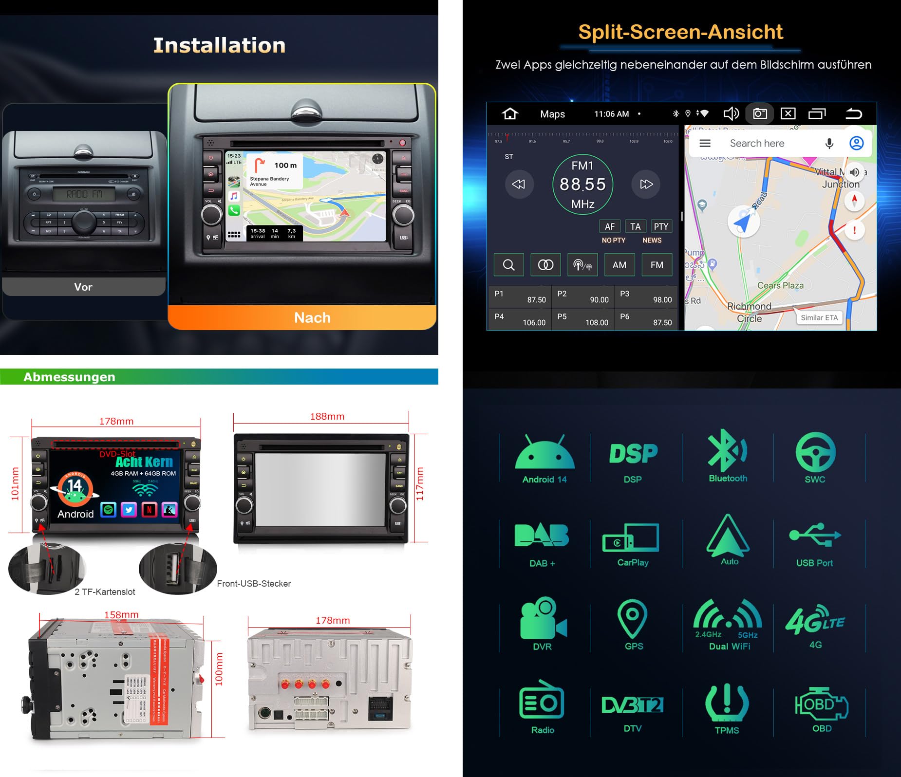 8-Kern 4GB RAM 64GB ROM Android 14 Autoradio Bluetooth GPS Navigation Unterstützt CD Player Kabelloses CarPlay Android Auto WiFi 4G DAB+ DSP USB RDS OBD2 DVD Touchscreen Autoradio 2 Din