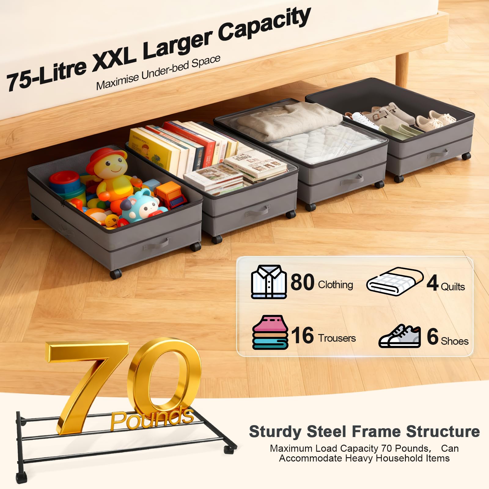 Cassettiera sotto il letto regolabile con ruote, 63 – 90 l, XXL, con 3 maniglie, contenitore con coperchio, in tessuto per vestiti, scarpe, biancheria da letto