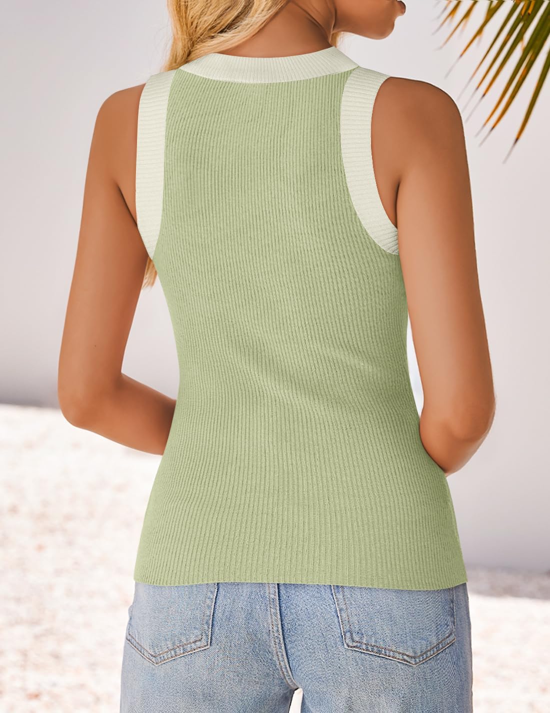 ZESICA Womens Summer Sleeveless Tank Tops Ribbed High Neck Racerback Slim Fitted Color Block Casual Shirts - Image 3