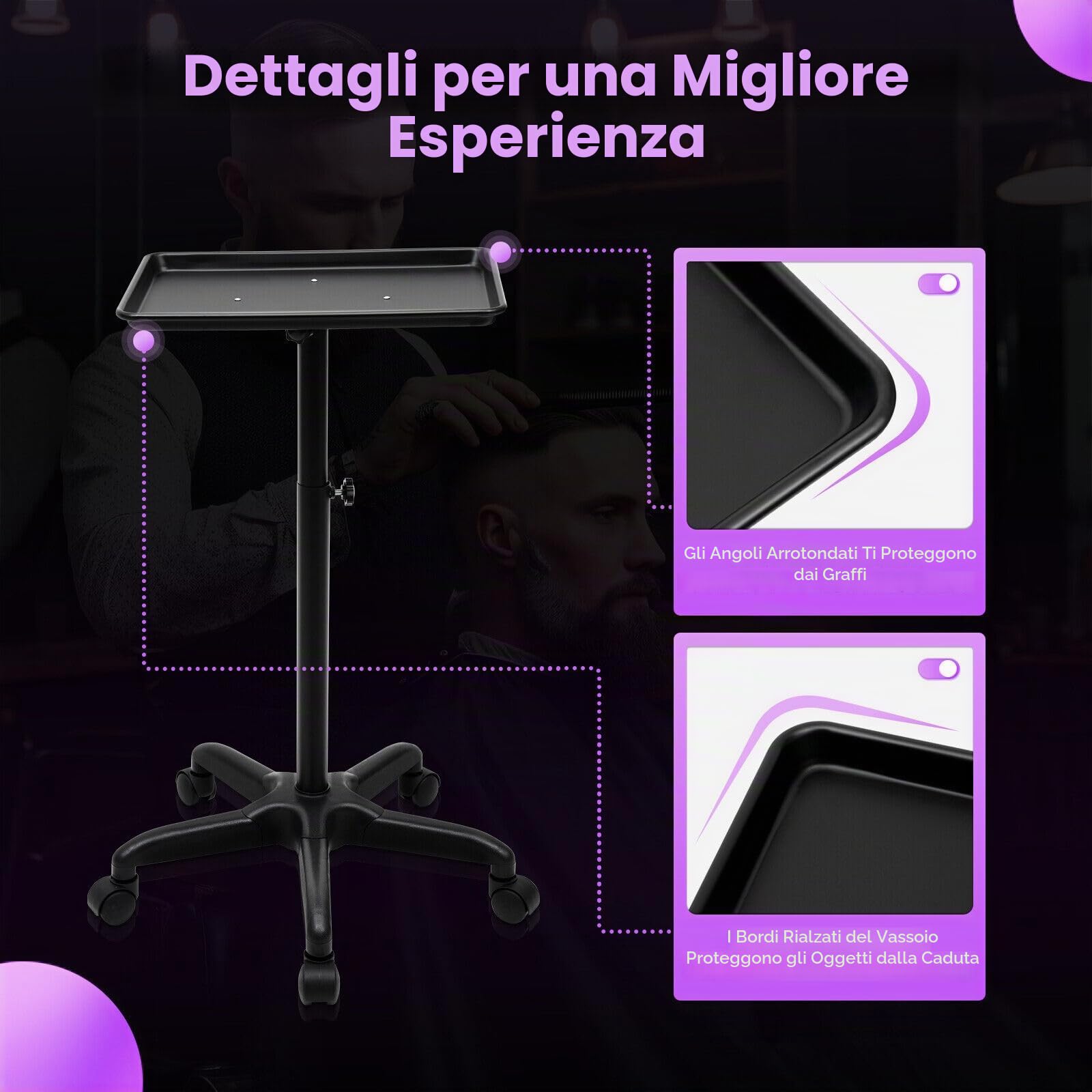 Carrello per tatuaggi da salone, vassoio rotante per salone, carrello in alluminio, attrezzatura su ruote e regolabile in altezza per carrello odontoiatrico, carrello per parrucchiere (Nero)