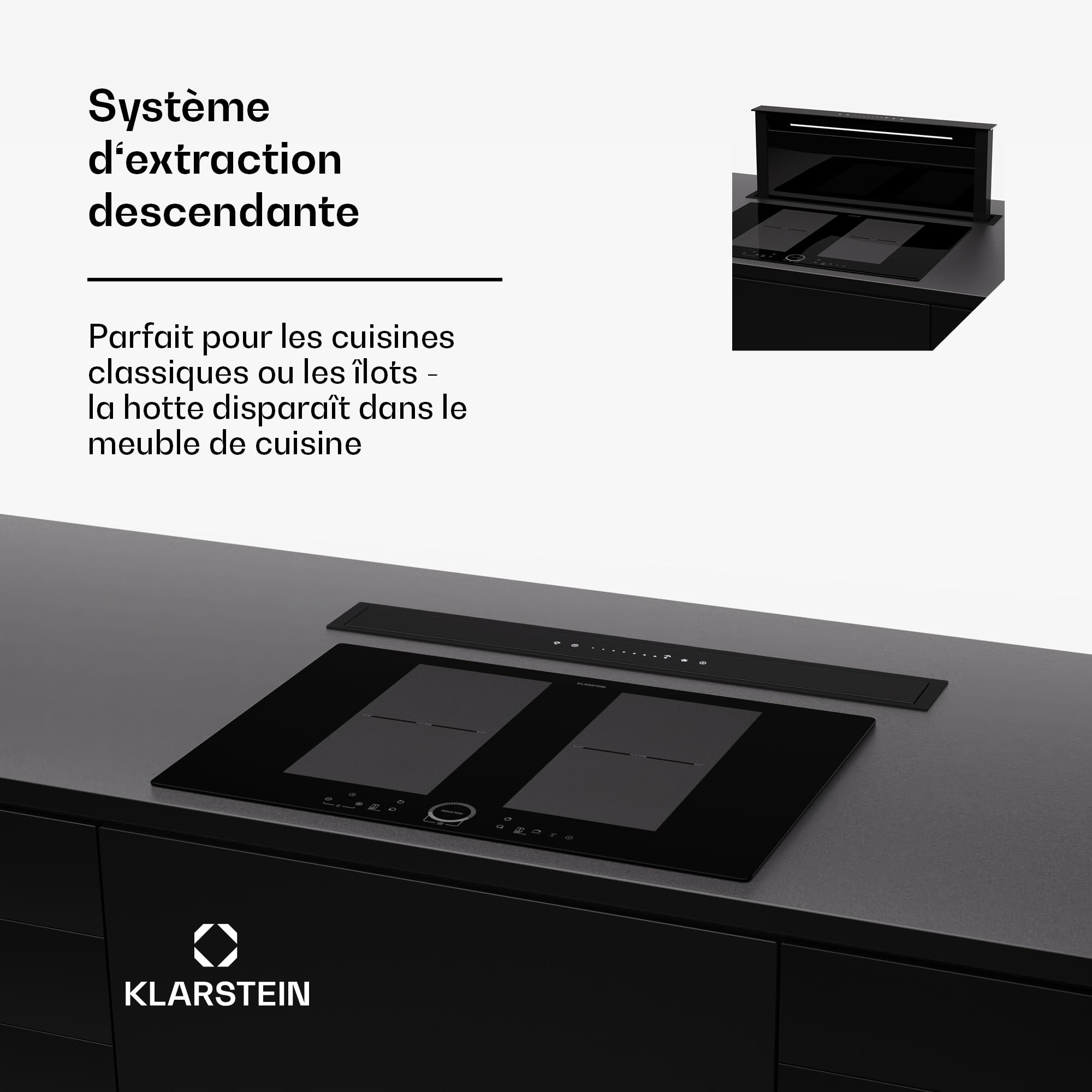 Klarstein Hotte Aspirante 75 cm, Hottes de Cuisine 2 en 1 à Aspiration Descendante, Débit d'Air de 576 m³/h, Modes de Ventilation, Eclairage LED, Tactile, Hotte Aspirante de Cuisine Silencieuse