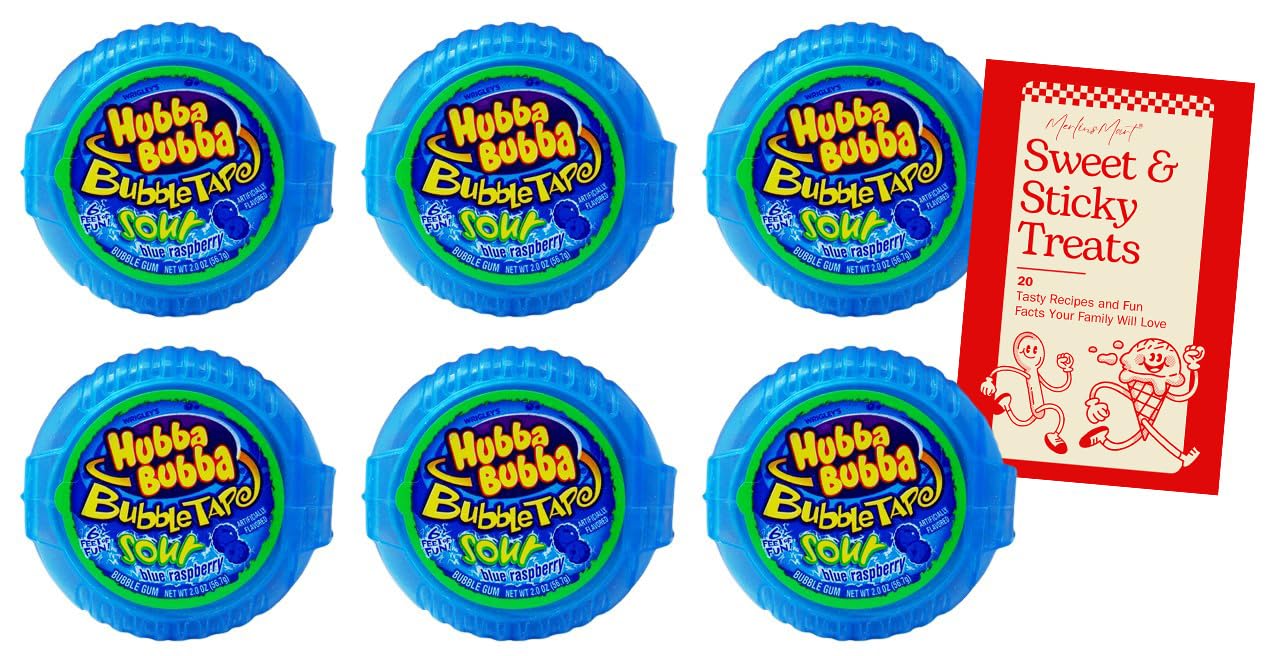 Chewing Gum Tape Roll | Sour Blue Raspberry 6 Pack (2 Ounces) | Plus Recipe Booklet Bundle