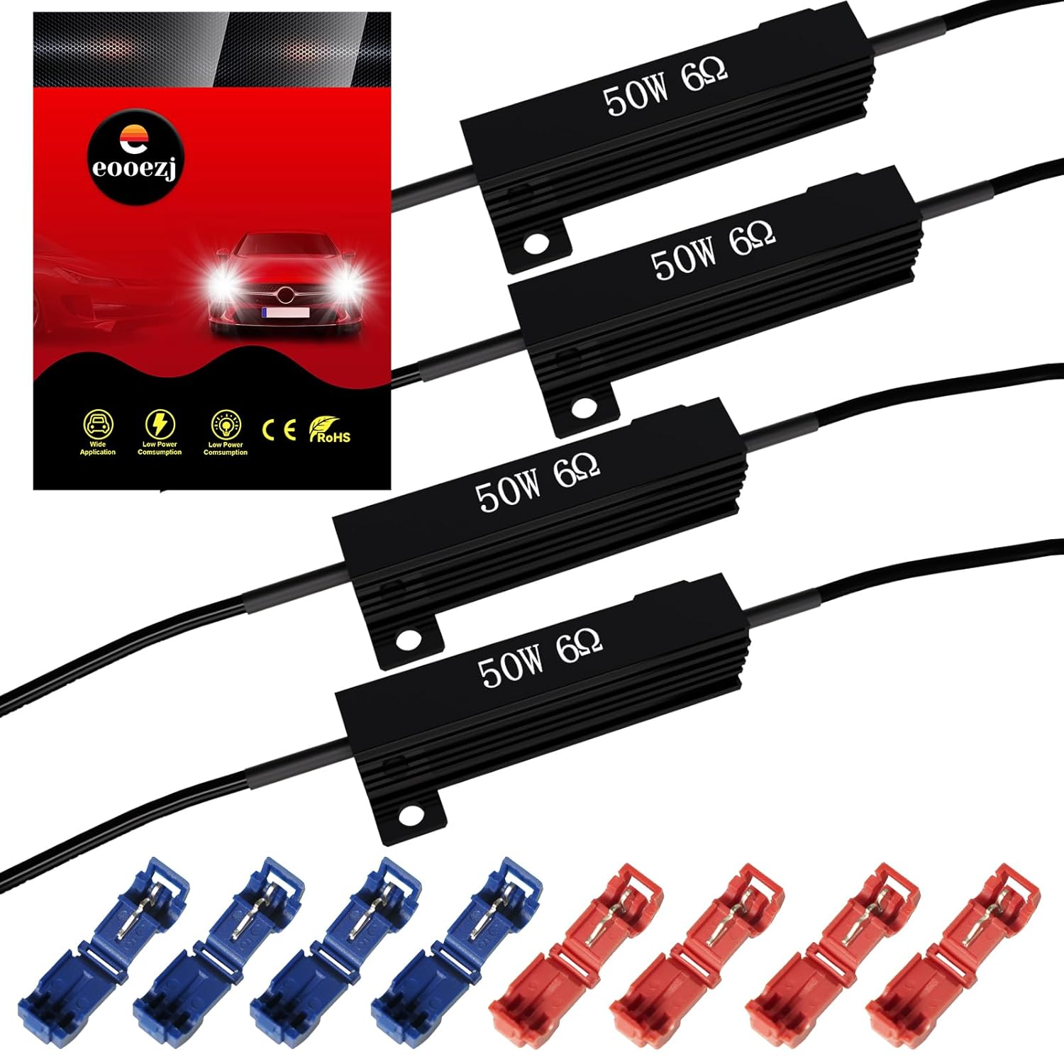 50W 6Ohm LED Load Resistors for LEDs Turn Signal Lights (Fix Hyper Flash, Warning Cancellor) with 8pcs Quick Wire Clips, Especially for White/Amber Switchback LED 4pcs