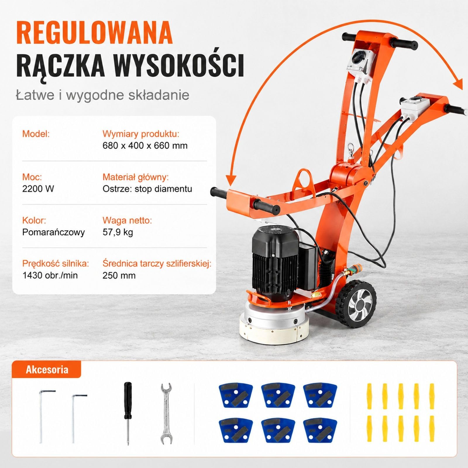 Szlifierka do posadzek betonowych 2200 W 1430 obr/min, silnik bezszczotkowy, praca na mokro i sucho, regulowany uchwyt, pomarańczowa