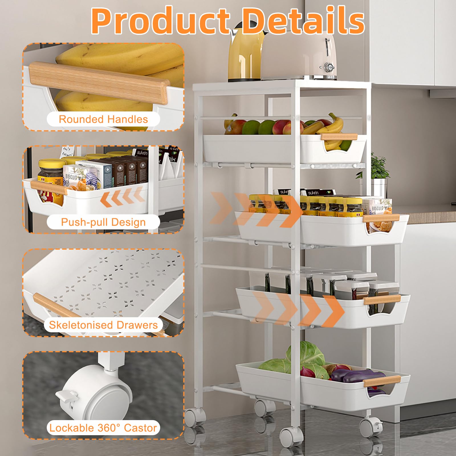 Carrito de Cocina de 5 niveles, Carrito Auxiliar con Ruedas Marco de Metal con 4 Cajones Extraíbles Carrito de Almacenamiento con Tablero de Madera para Baño, Cocina, Lavandería