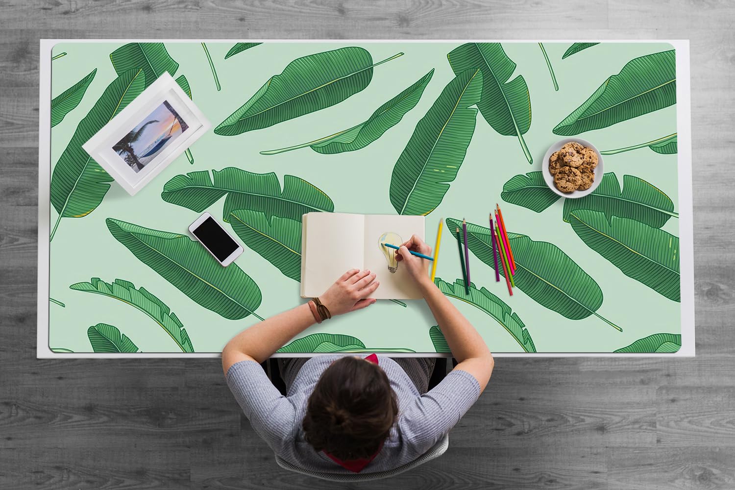 Tappetino da Scrivania 120x60 cm Facile da Pulire Antiscivolo Impermeabile per Ufficio e Casa in Vinile PVC Protezione e Decorazione Superficie Protettiva - Foglie di banano
