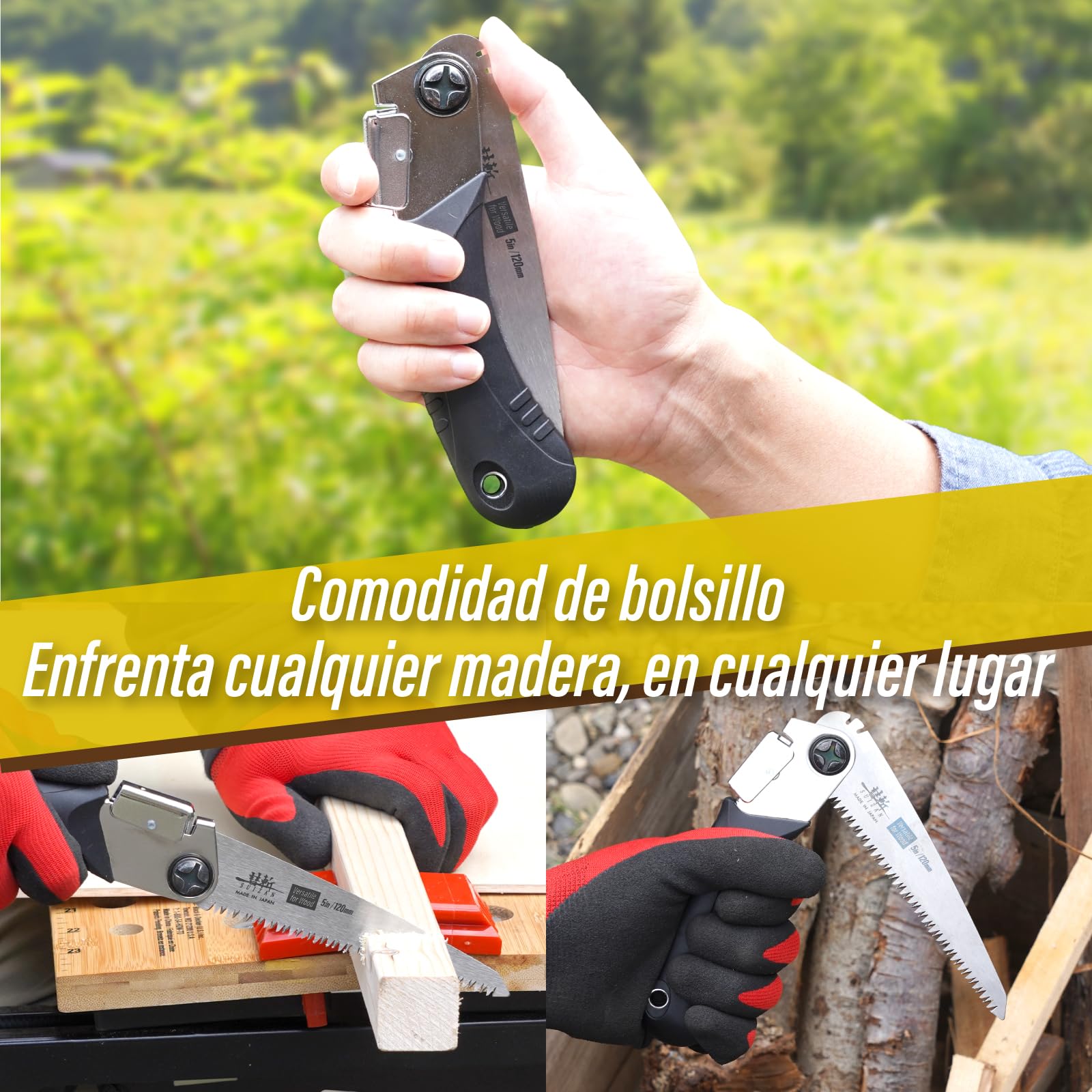 SUIZAN Sierra Plegable Japonesa 120mm Versátil para Madera - Serrucho de Poda Bushcraft Jardinería Carpintería Bricolaje