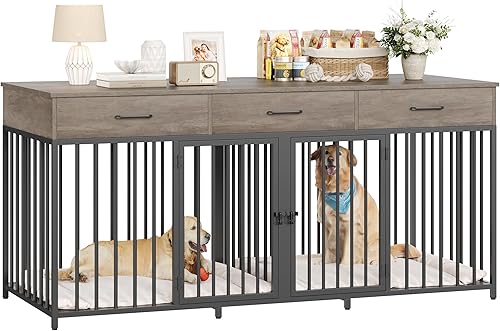 HOSTACK Mueble doble para perros, perrera de 71 pulgadas de ancho para interiores con 3 cajones, jaula de granja para perros para 2 perros