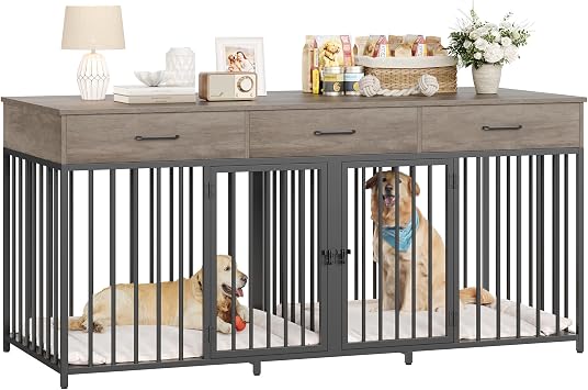 HOSTACK Double Dog Crate, 71" W Indoor Dog Kennel Furniture for 2 Dog, Grey