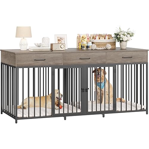 HOSTACK Double Dog Crates Furniture, 71" Wide Indoor Dog Kennel with 3 Drawers, Farmhouse Dog Cage for 2 Large/Medium Dogs, Heavy Duty Dog Crate with Removable Divider, Wooden Pet House, Ash Grey