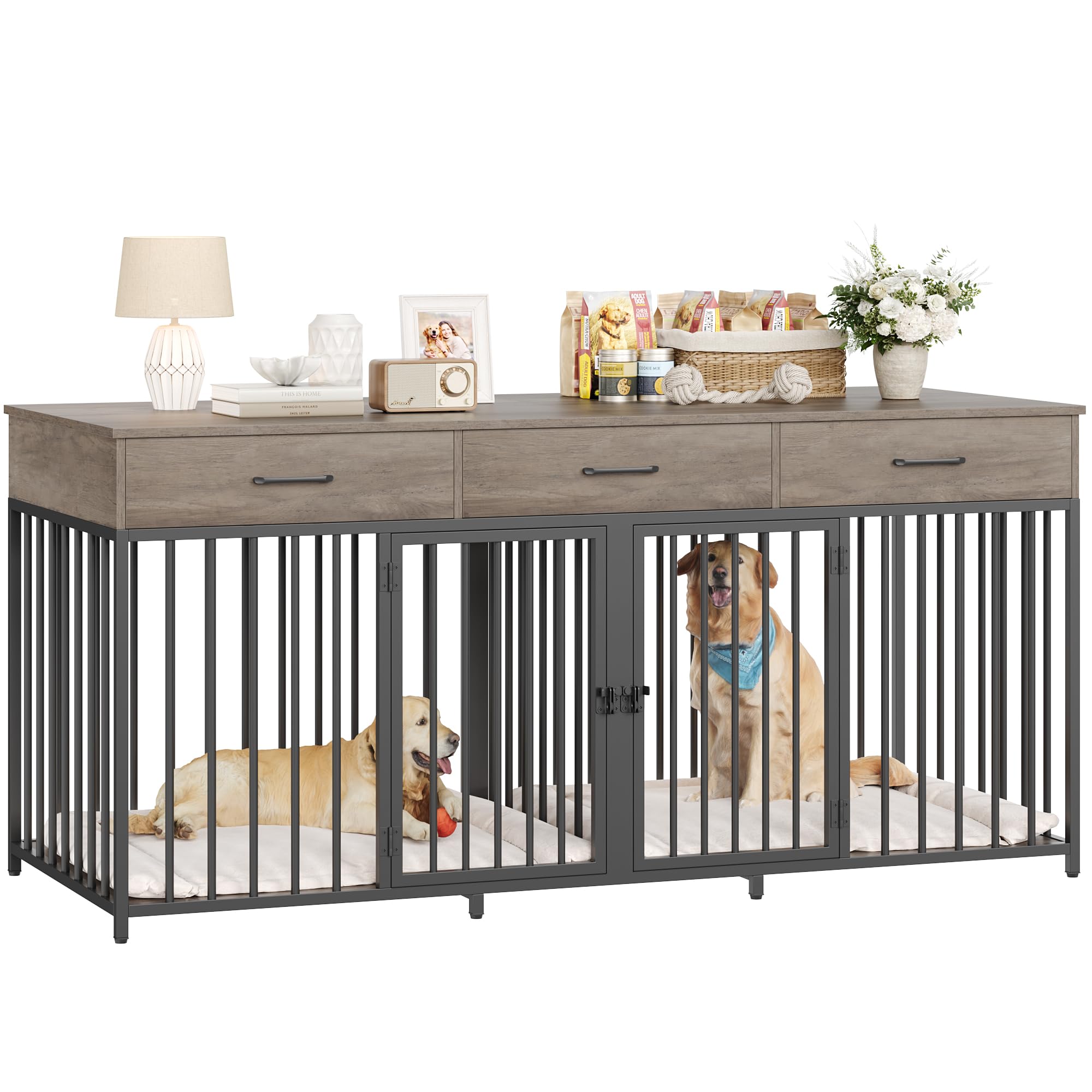 HOSTACK Double Dog Crates Furniture, 71" Wide Indoor Dog Kennel with 3 Drawers, Farmhouse Dog Cage for 2 Large/Medium Dogs, Heavy Duty Dog Crate with