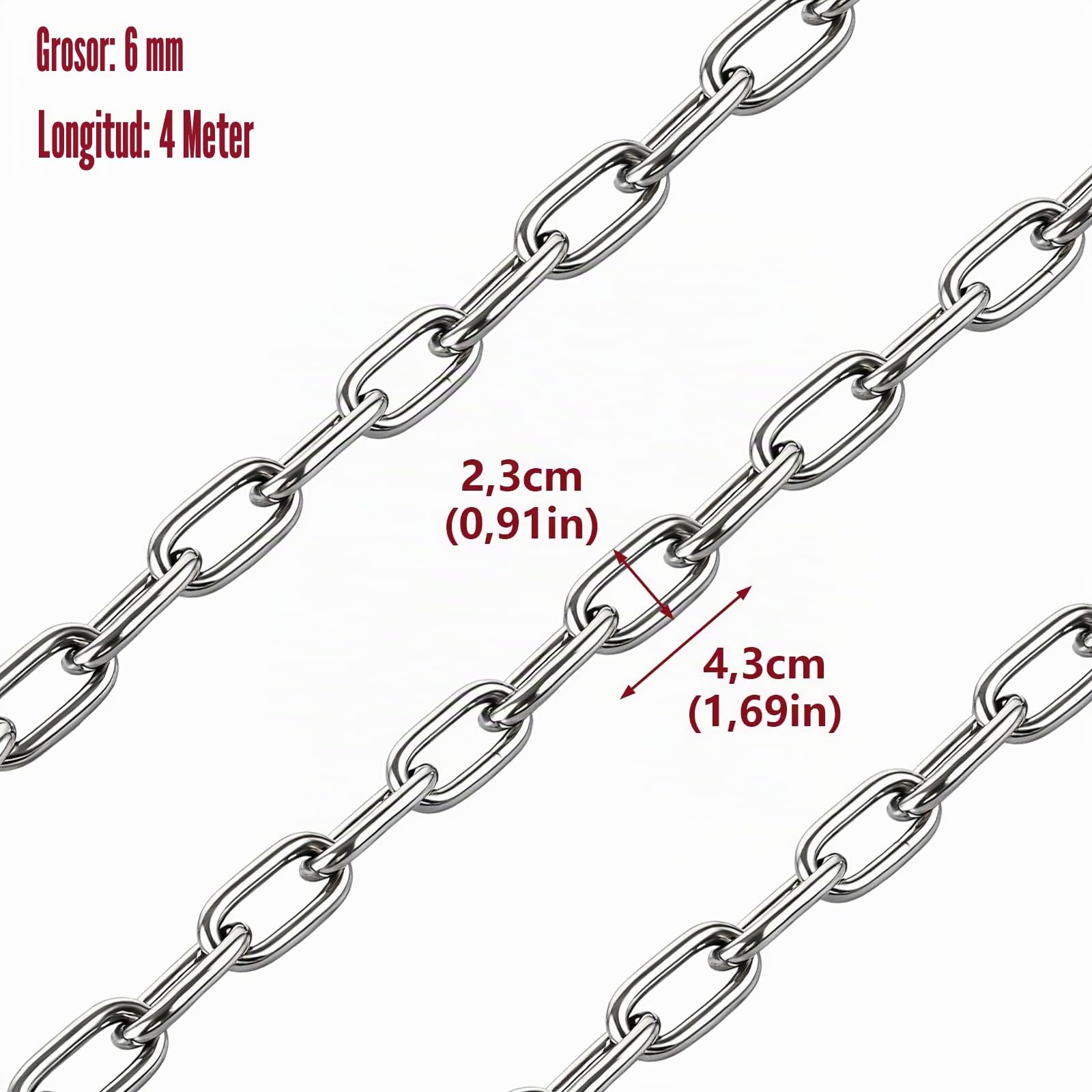 Cadena de acero inoxidable de 6 mm, cadena de acero inoxidable de 4 m, cadena de eslabones largos, cadena de eslabones de acero inoxidable, cadena de eslabones