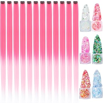 Colored Hair Extensions, 22 Inch Straight Clip in Hair Extension Body Face Hair Glitter Multi Color Rainbow Pink Red Hairpiece Extensions for Kids Girls Women Glitter+Ombre Red Light Pink