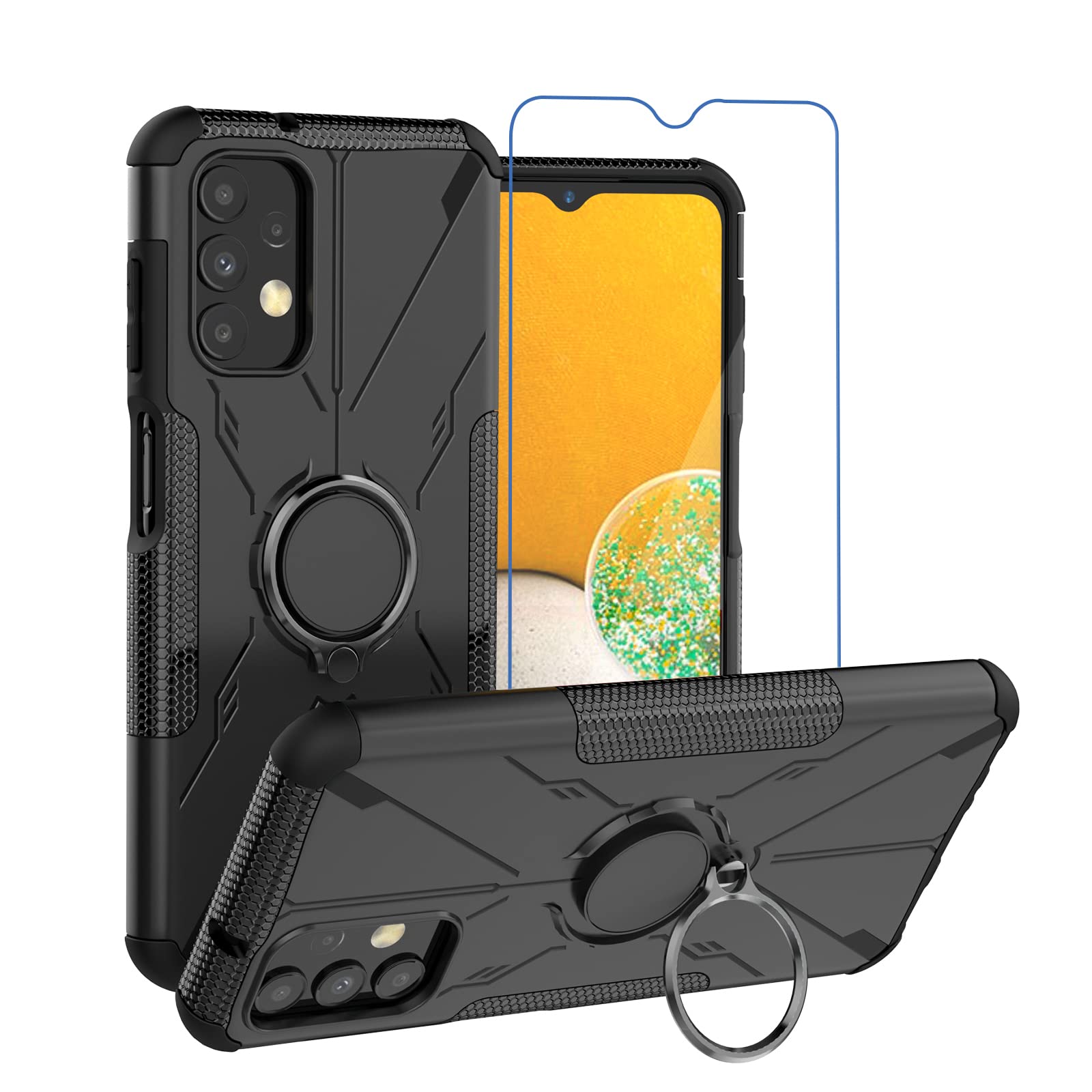 Photo 1 of 2 SETS - RJYWSQH for Galaxy A13 4G Case with Screen Protector, Military Grade Shockproof Protective Phone Case with 360°Rotatable Ring Holder, Supports Magnetic Car Mounts for Samsung Galaxy A13 4G(Black) and (Blue) 