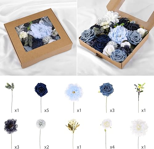 Miniatura 4 de Jspupifip Juego de cajas combinadas de flores artificiales, ramos de arreglos de flores de seda falsas con hojas de tallo para bricolaje, boda,