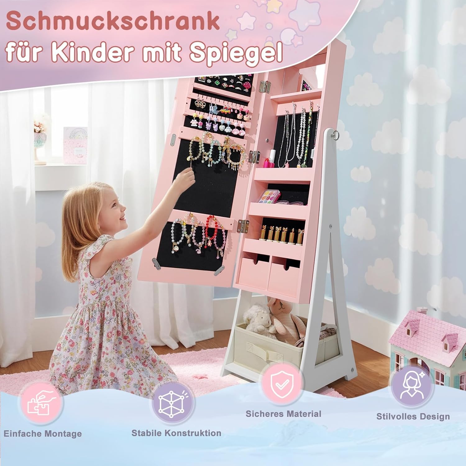 LEADZM Kinder Schmuckschrank mit Spiegel，Schmuckschrank Hängend， 3-in-1 Spiegelschrank mit Ganzkörperspiegel & Aufbewahrungskorb，Für Kinderzimmer Geeignet，Hasenstil，für Kinder ab 3 Jahren（Rosa）