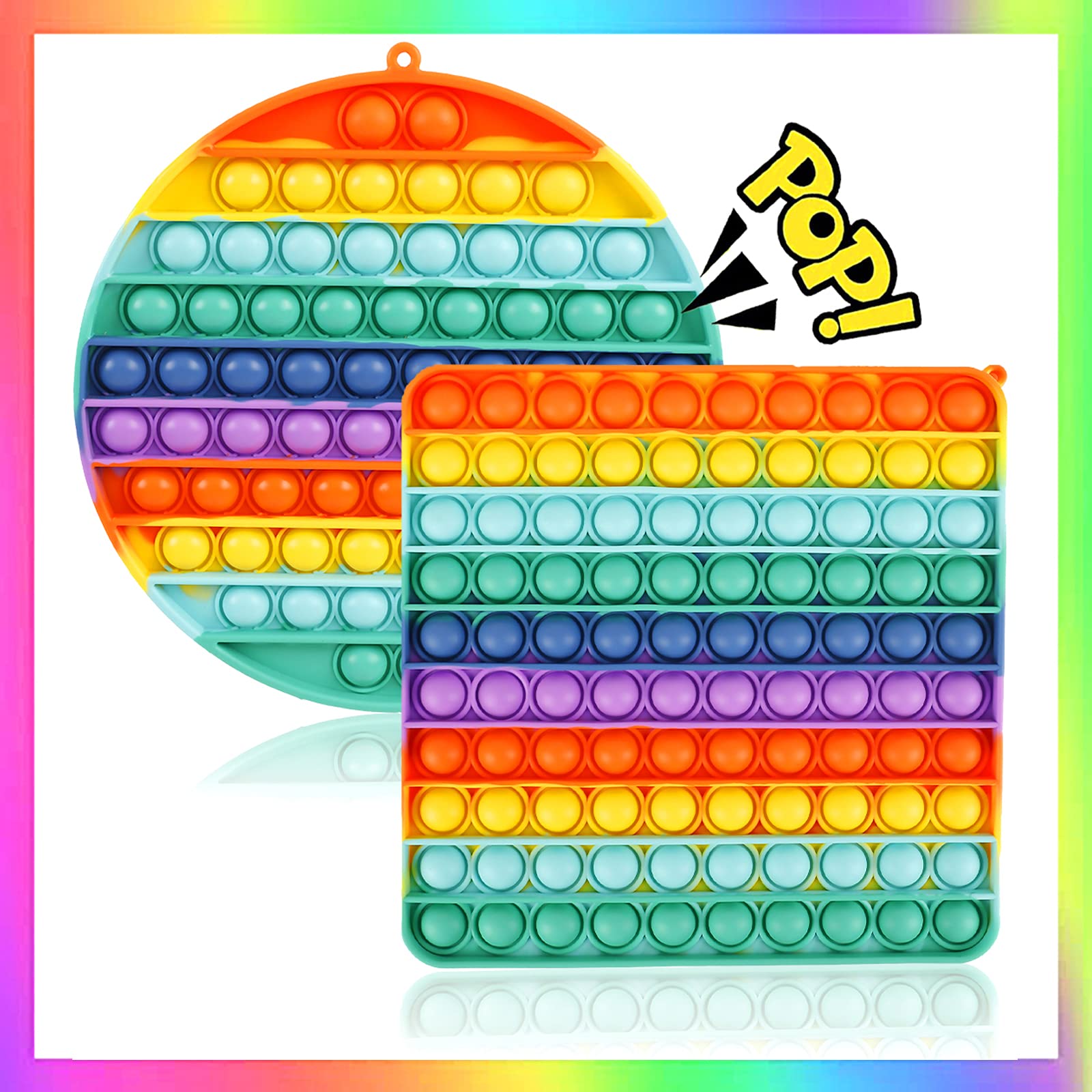 Woplagyreat2 Pack Big Pop Circle Square Giant Huge Oversized Jumbo Mega Biggest Extra 100 256 400 Large Fidget Rainbow Sensory Toy Game Gift Special Kid Teen Adult ADHD Set Box