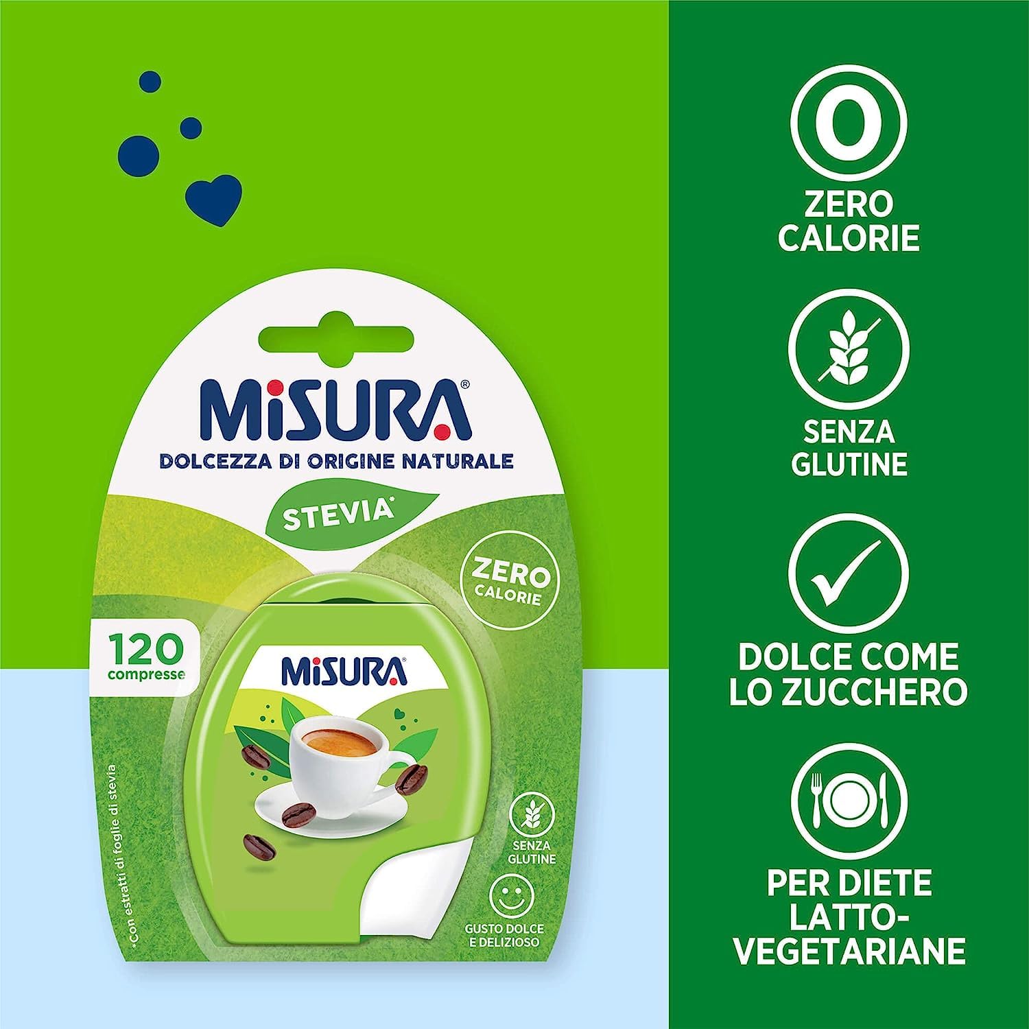 3x Misura Stevia Dolcificante in Compresse, Süßstoff in Tabletten, keine Kalorien, Gluten -freie, offene und tragbare Verpackung, 120 Tabletten + Italian gourmet polpa 400g