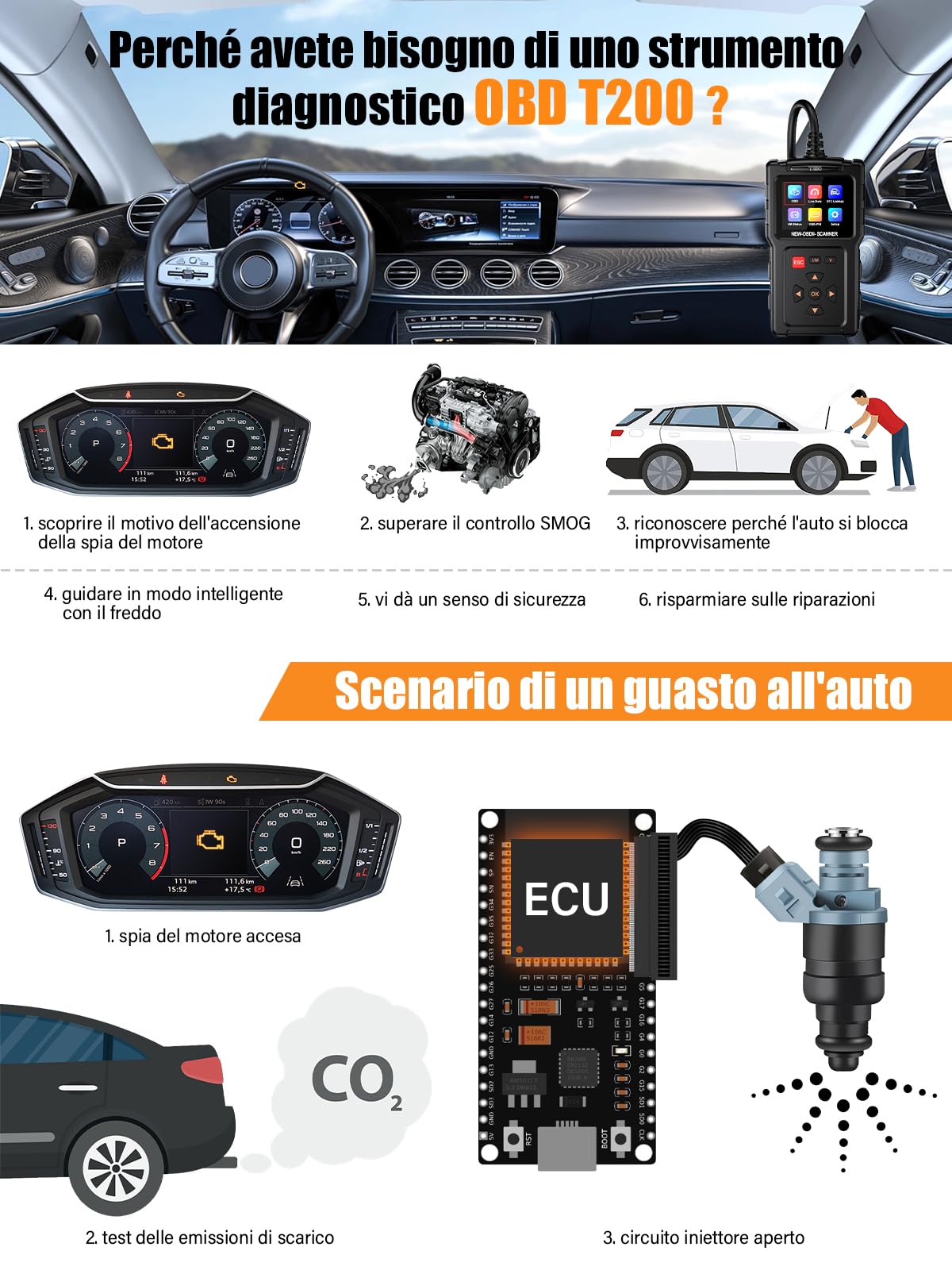 Onherm Scanner diagnostico OBD2 per auto: diagnostica EOBD OBD per tutti i veicoli BMW MercedesBenz in italiano Strumento professionale di lettura dei codici diagnostici OBDII per monitorare la
