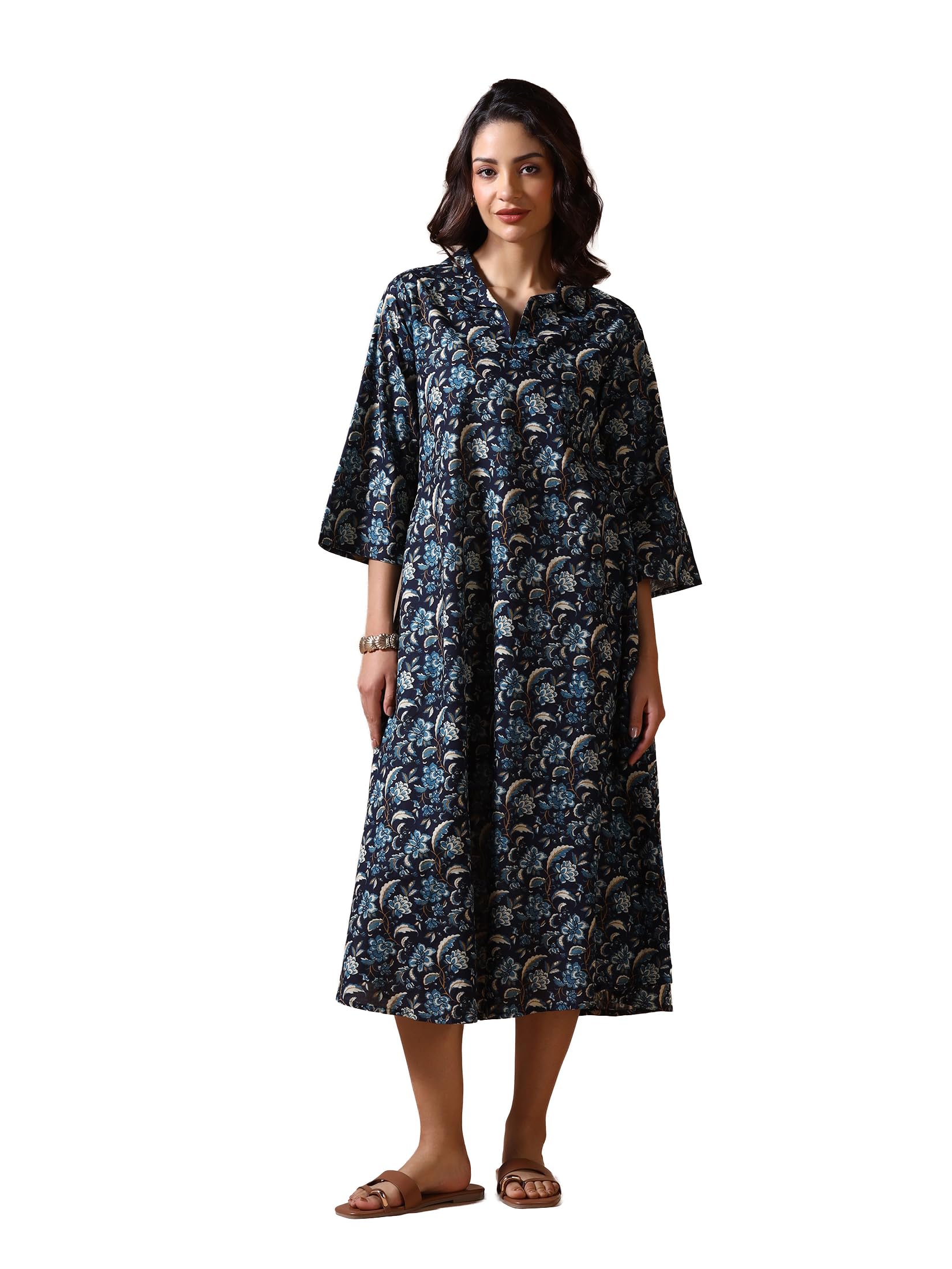 Shree Women Cotton Indigo Blue Printed Dress-image-5