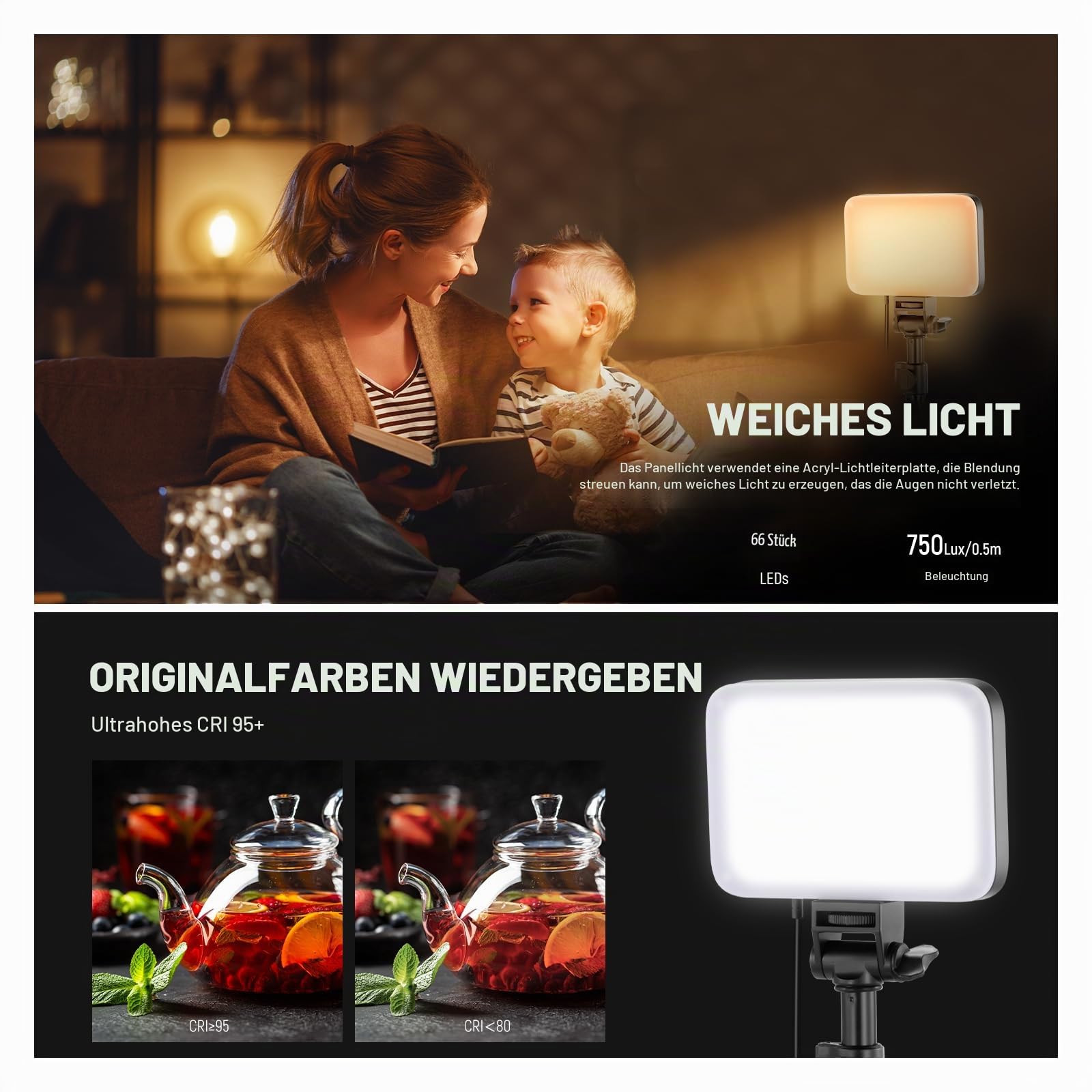 Neewer BASICS LED Videoleuchte Panel Beleuchtung Set zweifarbige dimmbare tragbare Studioleuchten mit Stativ und Filtern 3200K ~ 5600K CRI 95ux für Fotografie Videoaufzeichnung BP66 – Bild 4