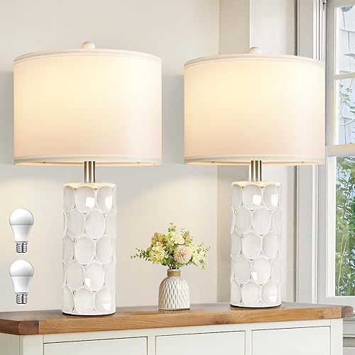 Modern Ceramic Table Lamps Set of 2 for Living Room, 23.5" Cream-White Retro Table Lamps for Bedroom Set of 2, White Shade Bedside Nightstand Lamps, Bulbs Included