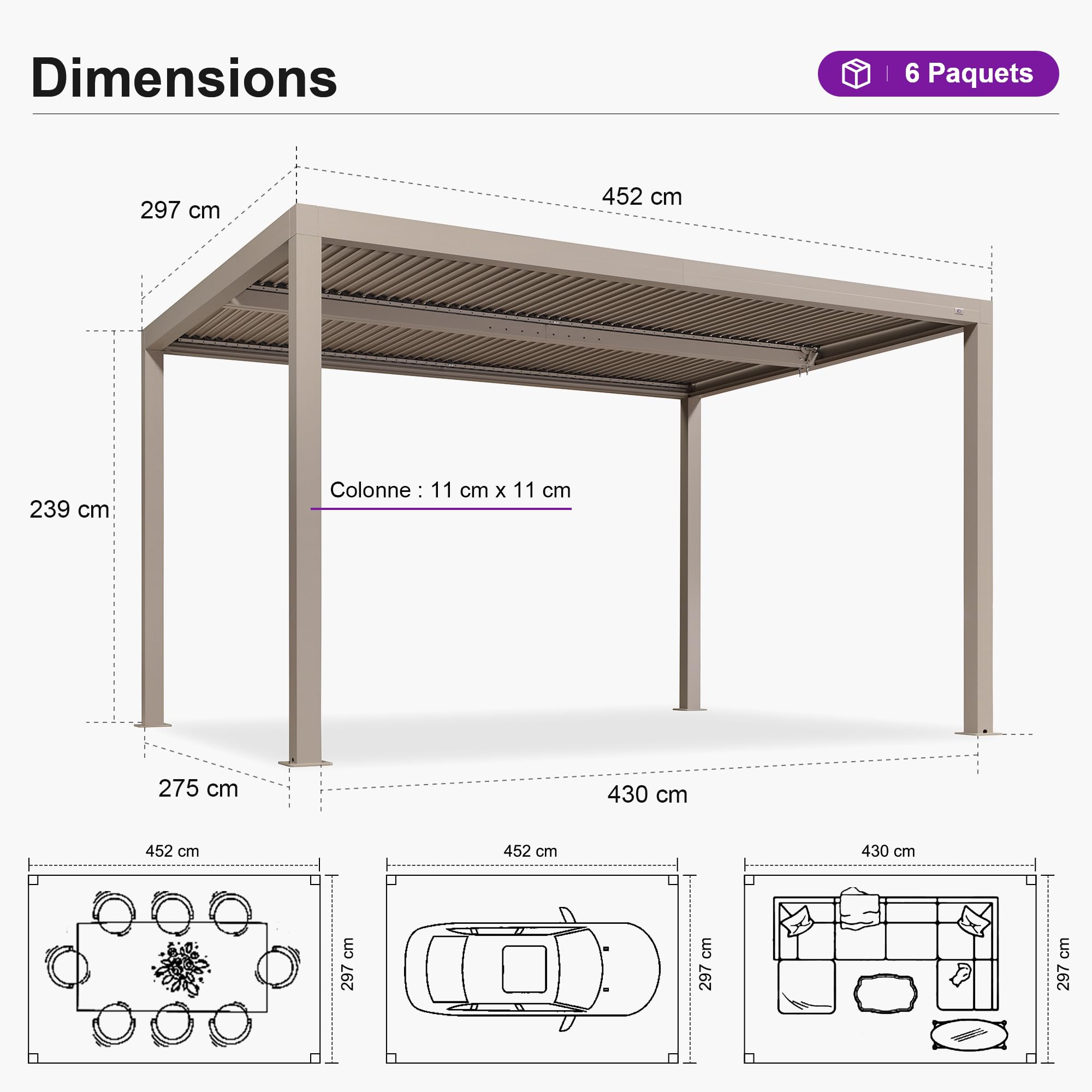 PURPLE LEAF Pérgola bioclimática 4,6 x 3 m, pérgola de jardín exterior en aluminio, cenador de jardín exterior sin mantenimiento con sistema de drenaje para terraza y balcón, color champán
