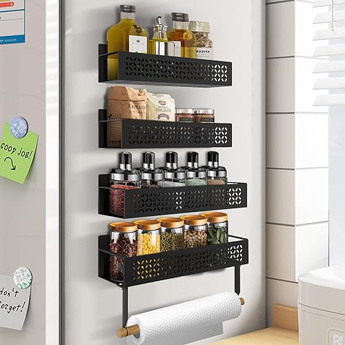 Miniatura 1 de B-Land Paquete de 5 estantes magnéticos para especias para refrigerador con soporte para toallas de papel, estante organizador de especias para
