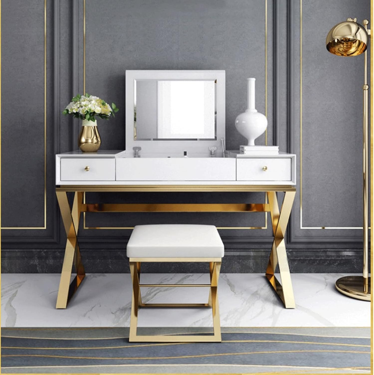 Vanity Benches Light Luxury Dresser Postmodern Paint Bedroom Flip Dresser Table Stool Combination