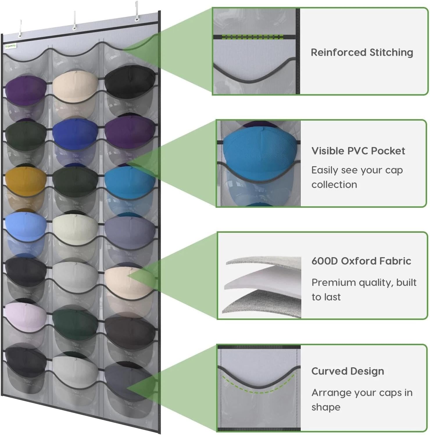 for 24 Pocket Over-The-Door Hat Organizer for Caps, Grey, hat Organizer, Over-The-Door, 24 Pockets, Grey